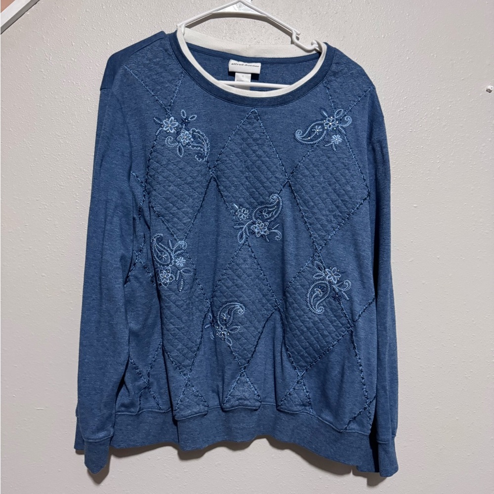 Alfred Dunner grannycore Blue Embroidered Floral Argyle Pullover Women’s XL